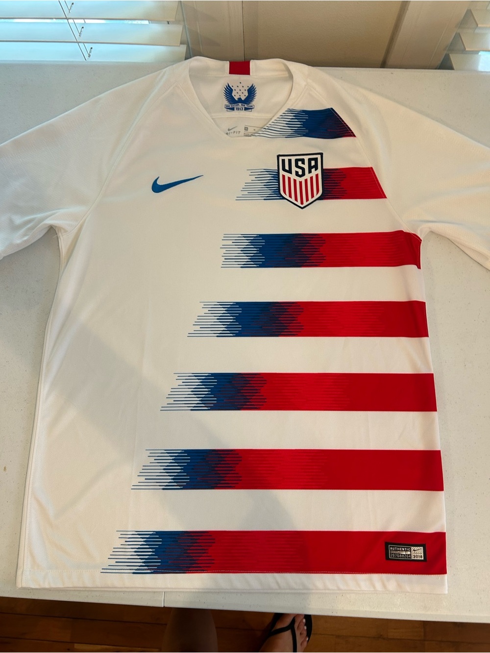 Nike White USA Soccer Jersey with Red & Blue Stripes